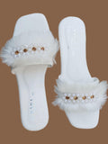 Women Premium Pearl & Fur Rhinestone Slides – White
