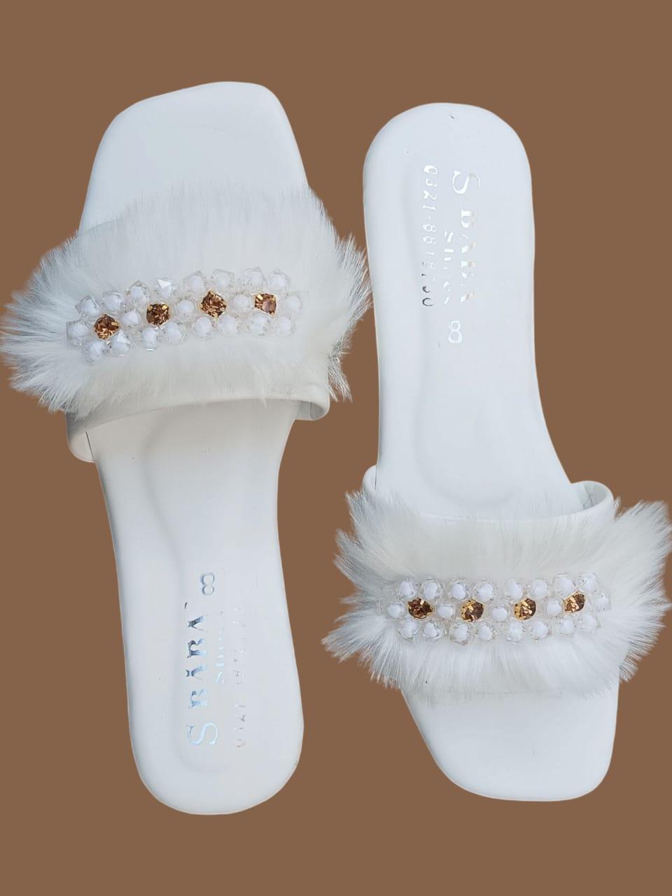 Women Premium Pearl & Fur Rhinestone Slides – White